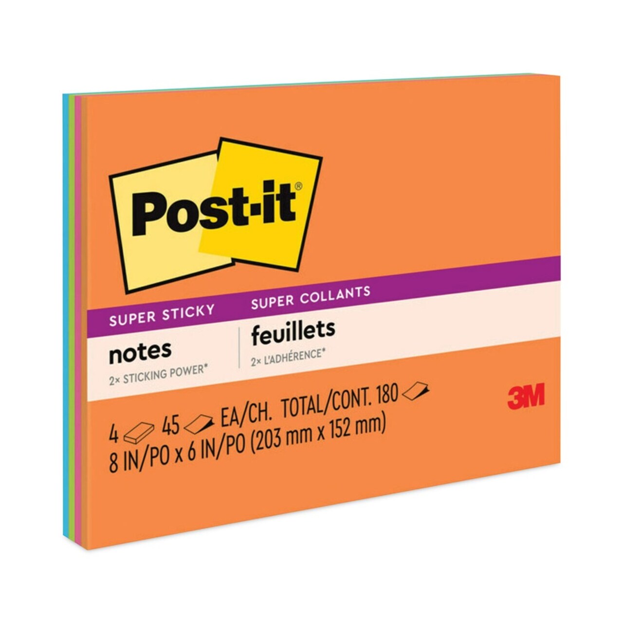 Post-it Notes Super Sticky 8 in. x 6 in. Meeting Notes - Energy Boost Collection Colors (4/Pack)